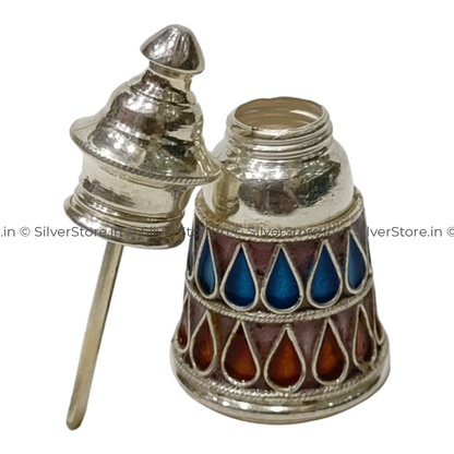 Silver Sindoor Box With Stick - 925 Silver Meena Pattern