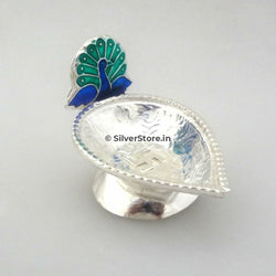 Silver Diya - Dancing Peacock Pattern 925 Silver Diya